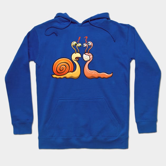 A snail carrying its shell and a slug wearing a face mask have an encounter Hoodie by zooco